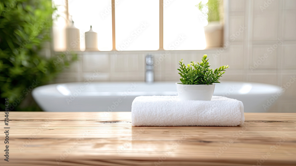 White bathroom interior. Empty wooden table with white towels on with copy space on blurred bathroom background White bathroom interior. Empty wooden table with white towels on with copy space on blurred bathroom background