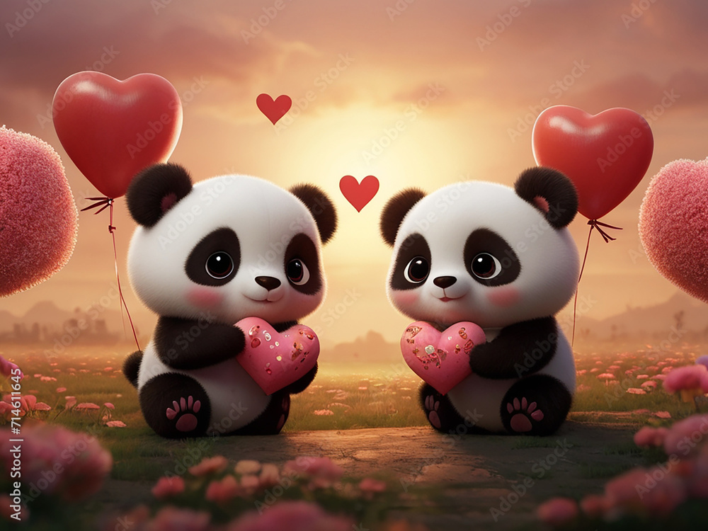 Sweet panda are romantic in the Valentine concept