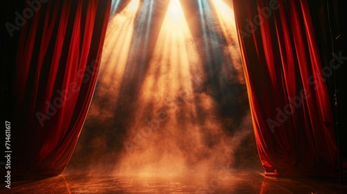 Stage background design. Heavy velvet curtain open on black stage background illuminated by bright rays of light, spotlights and artificial smoke.