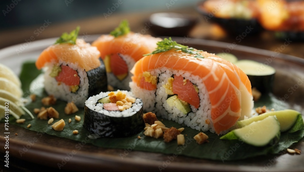 Sushi rolls with salmon, avocado, cucumber and sesame seeds Sushi rolls with salmon, avocado, cucumber and sesame seeds