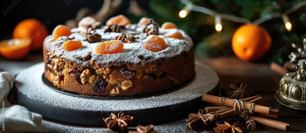 A Christmas cake with rum-soaked fruits, nuts, apricots, hazelnuts, and powdered sugar, capturing the holiday spirit with mandarins and cinnamon in the photo. A Christmas cake with rum-soaked fruits, nuts, apricots, hazelnuts, and powdered sugar, capturing the holiday spirit with mandarins and cinnamon in the photo.