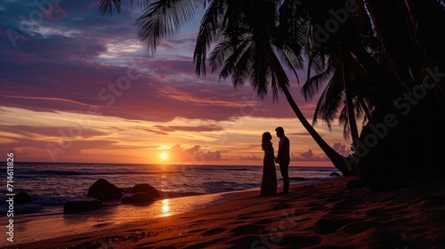 Silhouette of a couple in love on a tropical beach at sunset