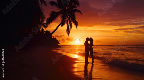 Silhouette of a couple in love on a tropical beach at sunset © ArtBox