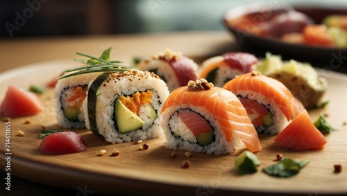 Sushi rolls with salmon, avocado, cucumber and sesame seeds