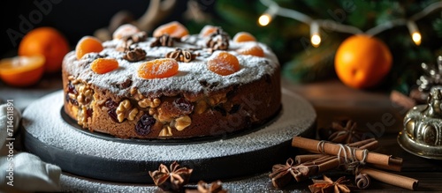 A Christmas cake with rum-soaked fruits, nuts, apricots, hazelnuts, and powdered sugar, capturing the holiday spirit with mandarins and cinnamon in the photo.