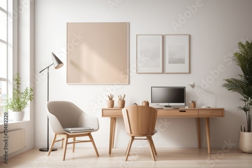 Scandinavian interior home design of modern workplace with table, chairs and wooden decoration with empty poster frame mockup