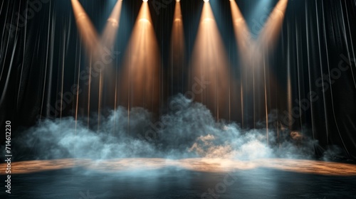 Stage background design. Heavy velvet curtain open on black stage background illuminated by bright rays of light  spotlights and artificial smoke.