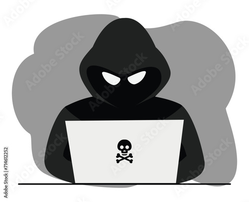 hacker in black hoodie cyber criminal with laptop stealing user personal data or hacker attack and web security internet phising concept
