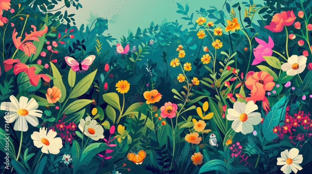 a painting of a forest filled with lots of flowers and a bird sitting on top of one of the flowers on the other side of the forest, with a blue sky in the background. a painting of a forest filled with lots of flowers and a bird sitting on top of one of the flowers on the other side of the forest, with a blue sky in the background.