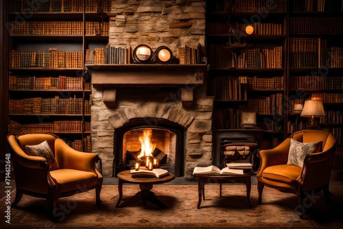 cozy fireplace with two chairs facing each other, surrounded by books and warm lighting, creating a romantic ambiance for shared moments of connection and conversation