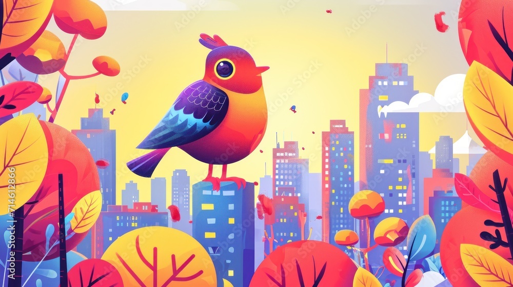  a bird sitting on top of a tree next to a lush green forest filled with yellow and red leaves in front of a cityscape background with tall buildings.