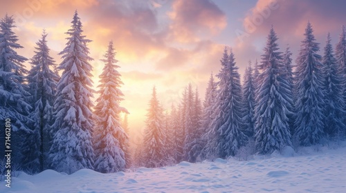 Snowy winter covered pine trees at sunrise © ArtBox