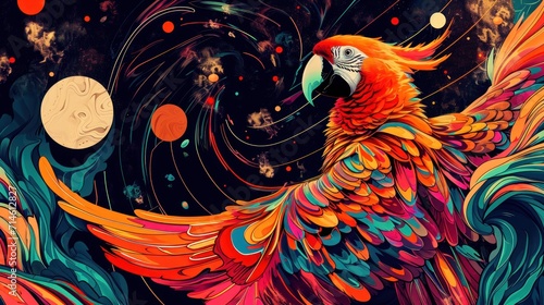  a painting of a colorful bird with a full moon in the back ground and stars in the sky in the back ground and a full moon in the back ground.
