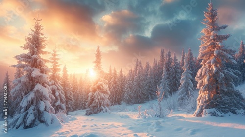 Snowy winter covered pine trees at sunrise