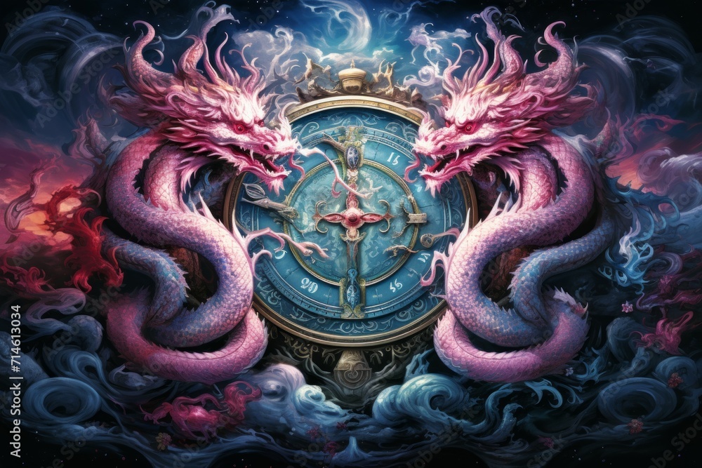 Fototapeta premium Whirling kaleidoscope dragons, casting mesmerizing patterns with their scales - Generative AI