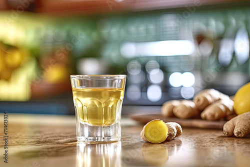 glass of ginger tea , a cup of ginger tea on kitchen photo