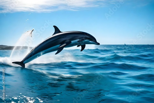 A pair of playful dolphins leaping joyfully in the ocean  with splashes of water and a backdrop of clear blue skies.