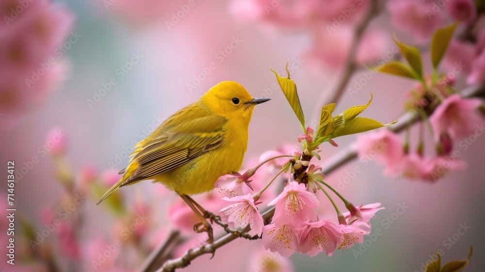 a yellow bird sitting on a branch of a tree with pink flowers in the foreground and a blurry background of pink flowers in the middle of the foreground. a yellow bird sitting on a branch of a tree with pink flowers in the foreground and a blurry background of pink flowers in the middle of the foreground.