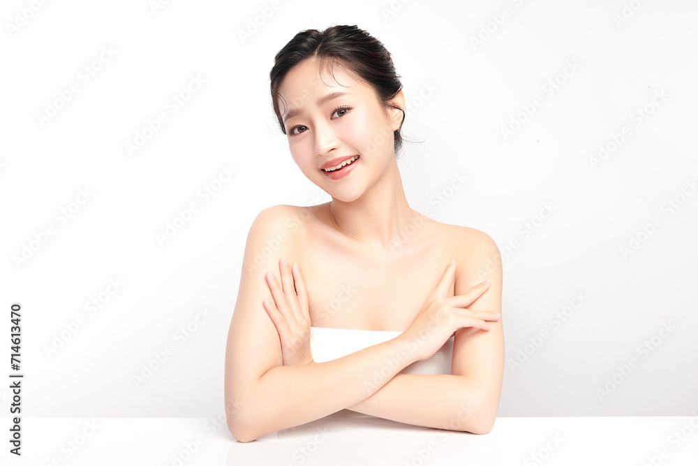 Beautiful young asian woman with clean fresh skin on white background, Face care, Facial treatment, Cosmetology, beauty and spa, Asian women portrait.