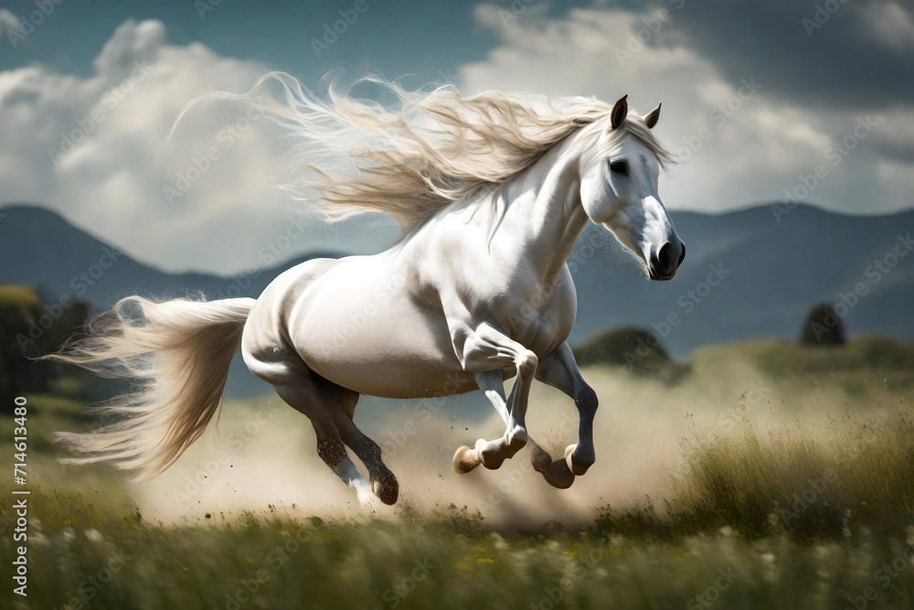 A majestic white horse galloping freely in a lush meadow, with its mane flowing in the wind, symbolizing the grace and strength of these magnificent creatures.