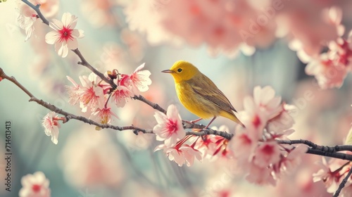  a small yellow bird sitting on a branch of a tree with pink flowers in the foreground and a blurry background of the branches with pink flowers in the foreground.