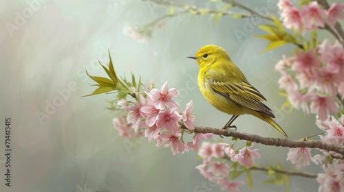  a small yellow bird sitting on a branch of a tree with pink flowers in the foreground and a blurry background of green leaves and pink flowers in the foreground. © Olga