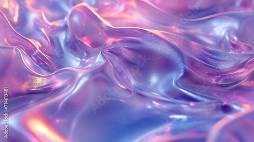 Abstract iridescent holo wavy background in purple and pink hues with a silky texture and soft light reflections