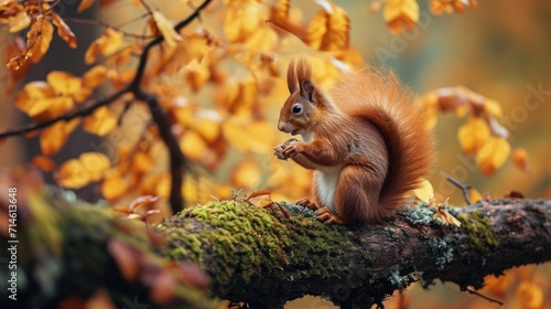  a red squirrel sitting on top of a mossy tree branch with yellow leaves on it's back and a tree branch with yellow leaves in the foreground.