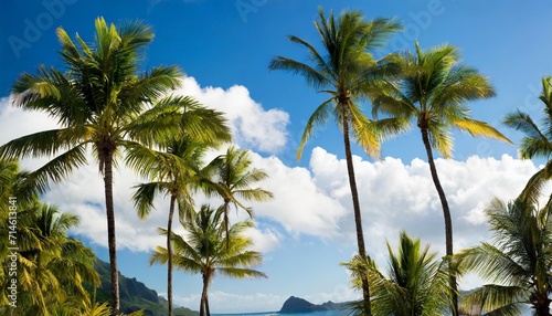 tropical island paradise background with palms silhouette and sky