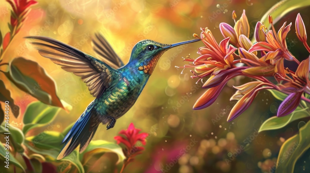 a painting of a hummingbird in flight with a flower in the foreground and a background of green, red, yellow and pink flowers in the foreground. a painting of a hummingbird in flight with a flower in the foreground and a background of green, red, yellow and pink flowers in the foreground.