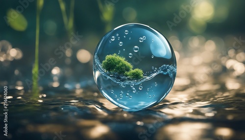 Illustration of a water molecule with elements of nature inside  highlighting the interconnectedness of water and life.