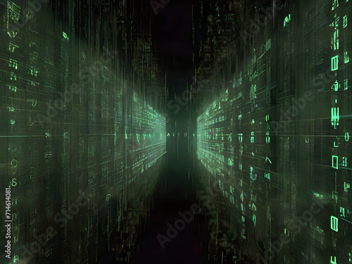 Digital binary code in a dark room, 3d render illustration.