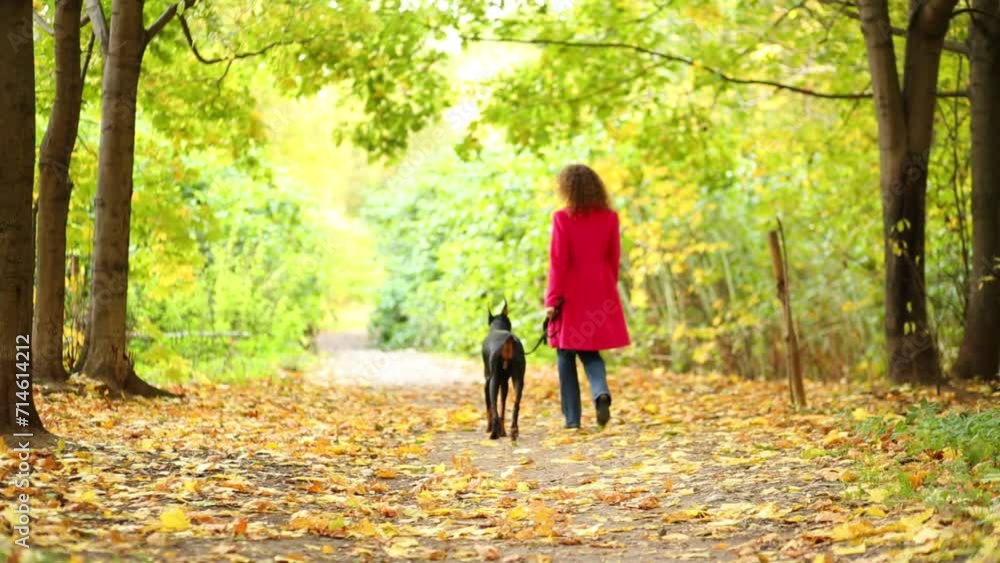 Happy woman in red walks with dog in autumn sunny park Happy woman in red walks with dog in autumn sunny park