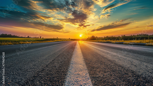 Empty asphalt road and beautiful sky at sunset. Generative AI photo