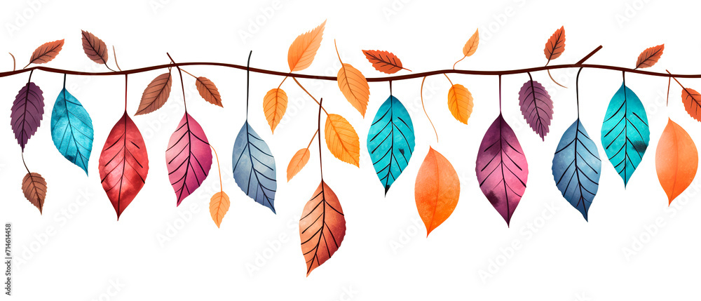 Watercolor autumn leaves garland on white background