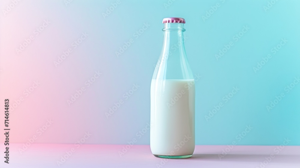 a bottle of milk sitting on a table with a pink and blue background and a pink and blue wall in the background and a pink and blue bottle of milk in the foreground. a bottle of milk sitting on a table with a pink and blue background and a pink and blue wall in the background and a pink and blue bottle of milk in the foreground.