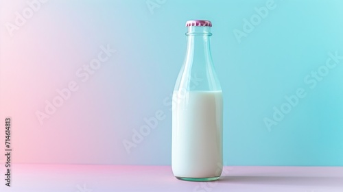  a bottle of milk sitting on a table with a pink and blue background and a pink and blue wall in the background and a pink and blue bottle of milk in the foreground. © Olga