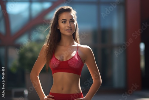 A gym trainer woman posing outdoors for an athleisure fashion shoot