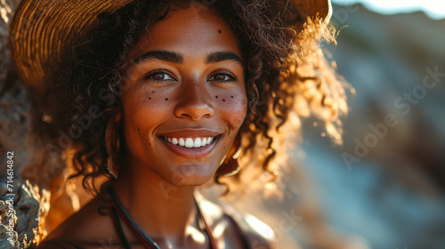 bautiful black american woman wearing a hat smiling photo