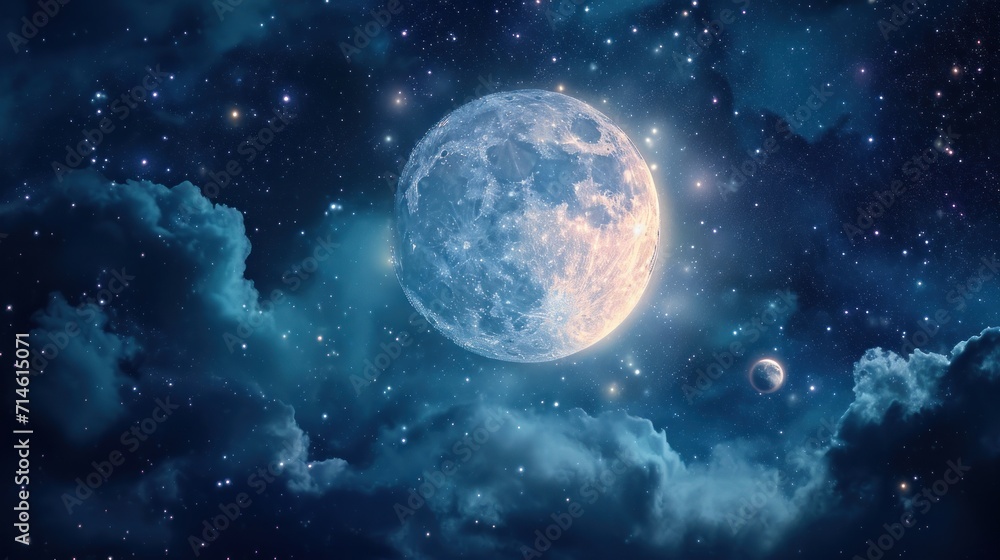  a full moon in the middle of a night sky with clouds and stars in the foreground, and a few stars in the sky, and a few clouds in the foreground.