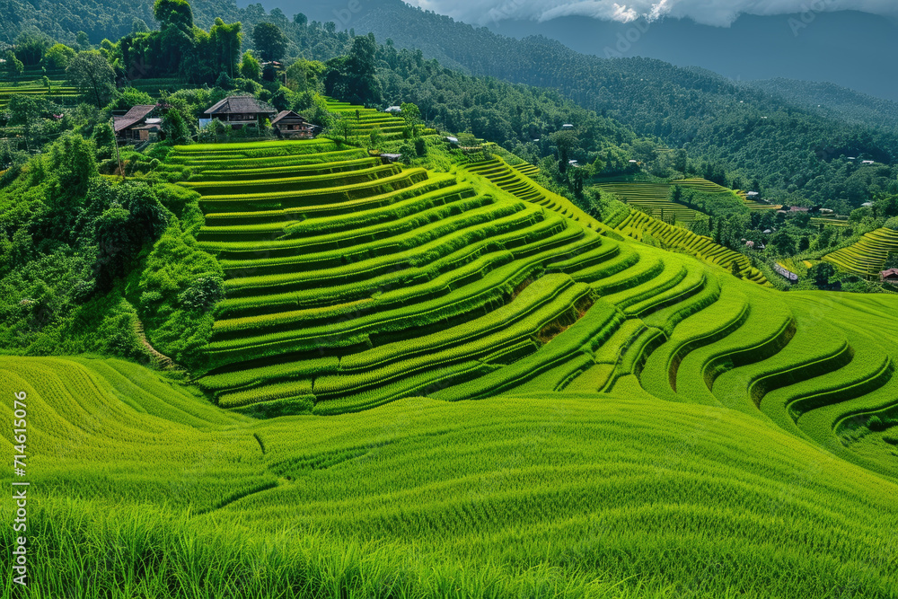 terraced rice field, green rice field terraces  in mountain agriculture.