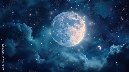  a full moon in the middle of a night sky with clouds and stars in the foreground  and a few stars in the sky  and a few clouds in the foreground.