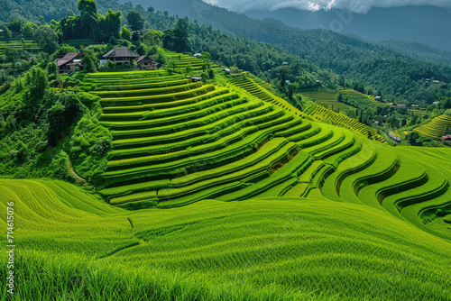 terraced rice field, green rice field terraces in mountain agriculture.