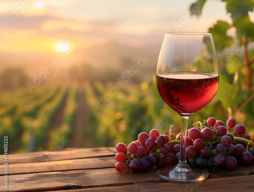 Glass of red wine and ripe grapes on table in blurred vineyard.