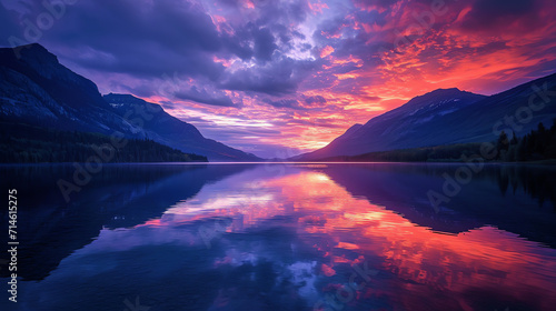 Sonnenuntergang   ber einem See mit Bergen