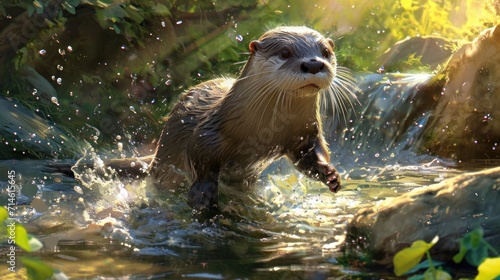  a close up of a river otter in a body of water with sunlight shining through the leaves of the trees and bushes on the other side of the body of water. © Olga