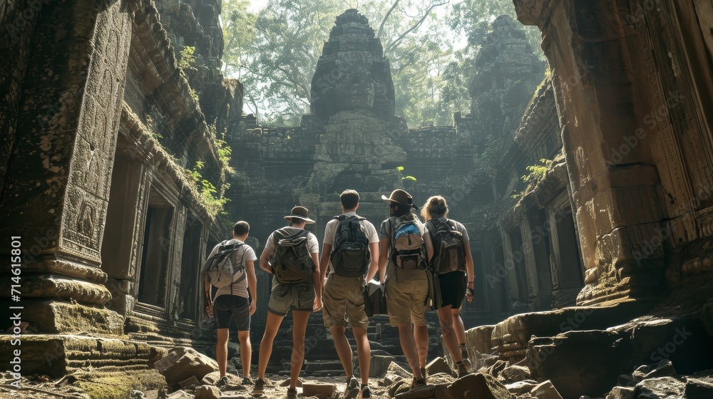 Global Exploration: A Group of Travelers in a World Heritage Site at Noon