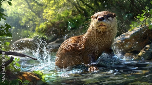  a close up of a wet otter in a body of water with trees and rocks in the background and water splashing all over the sides of the body of the image. © Olga