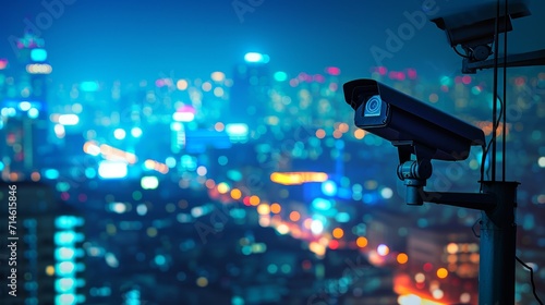 High-Tech Security Hub: Surveillance Cameras Monitoring a Nighttime Skyline