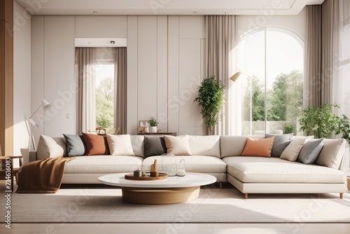 Interior home design of modern living room with beige sofa and furniture with houseplants